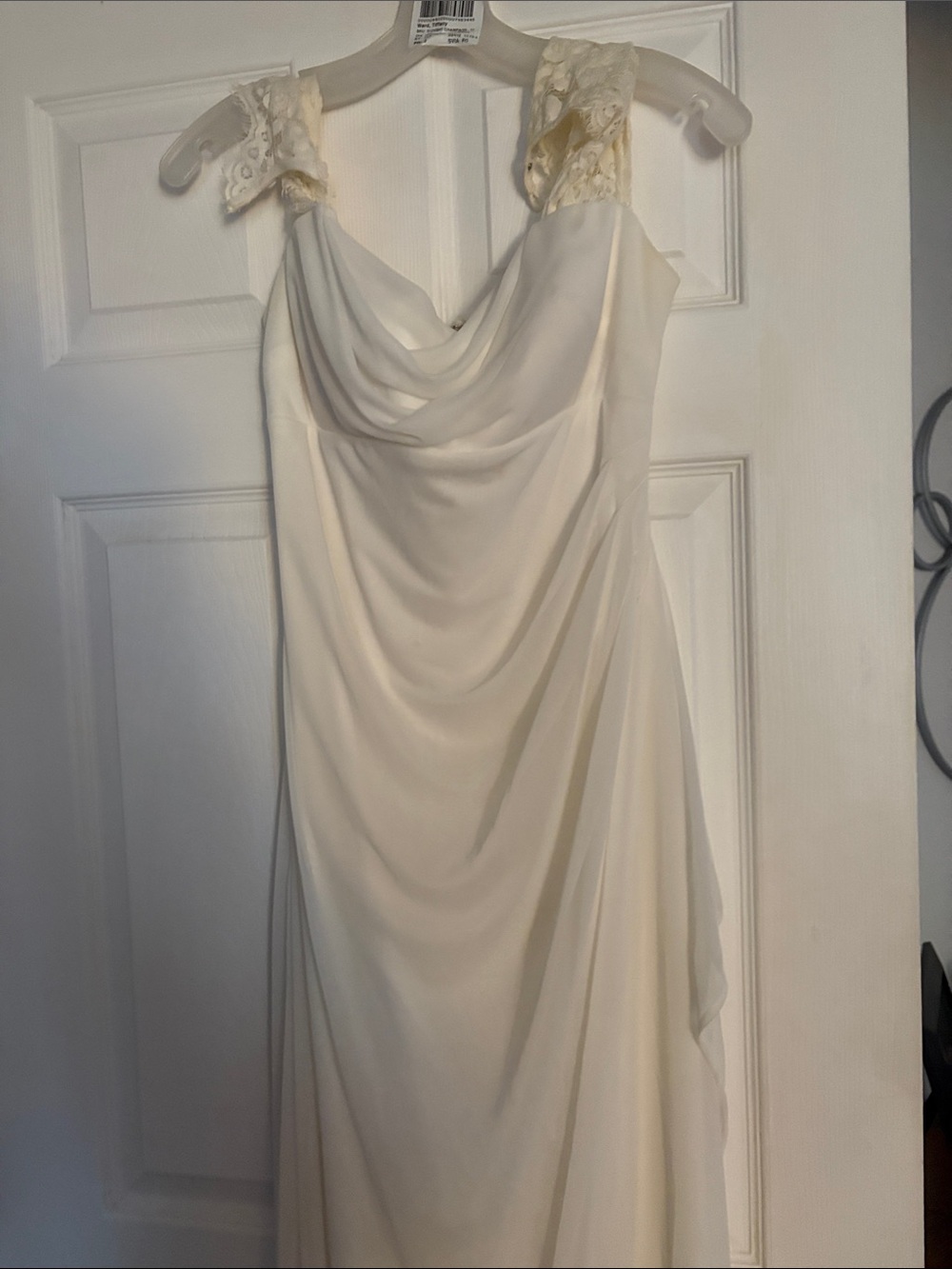 Draped Ivory Wedding Gown with Lace Shoulder Detail